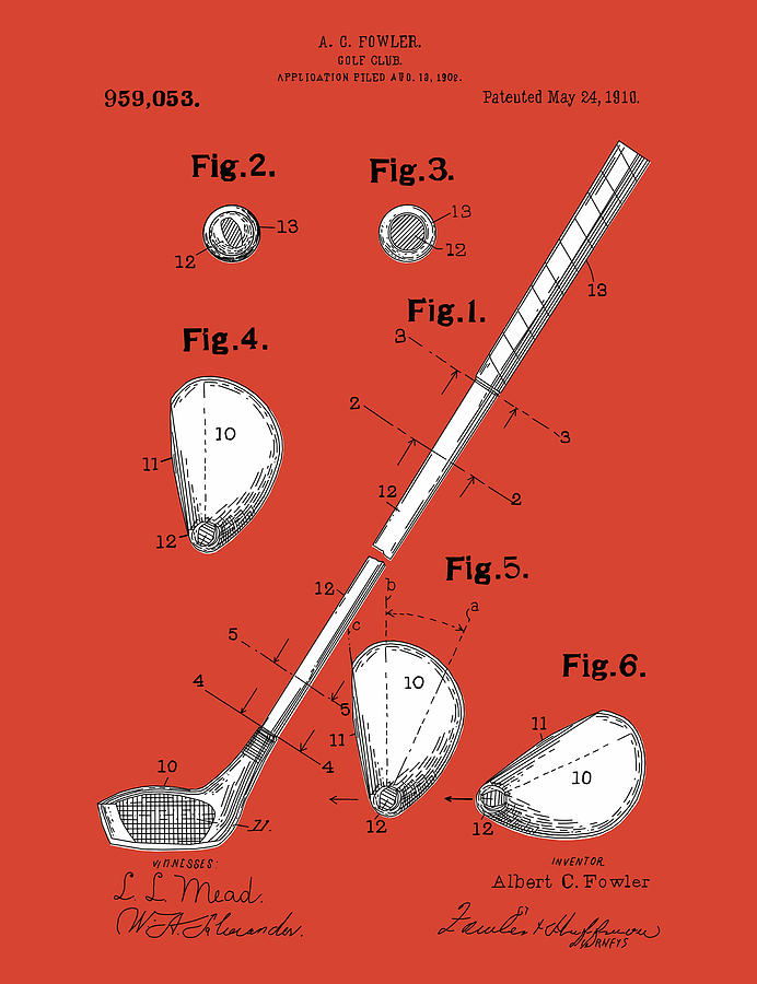 Golf Club Patent Drawing Red Digital Art
