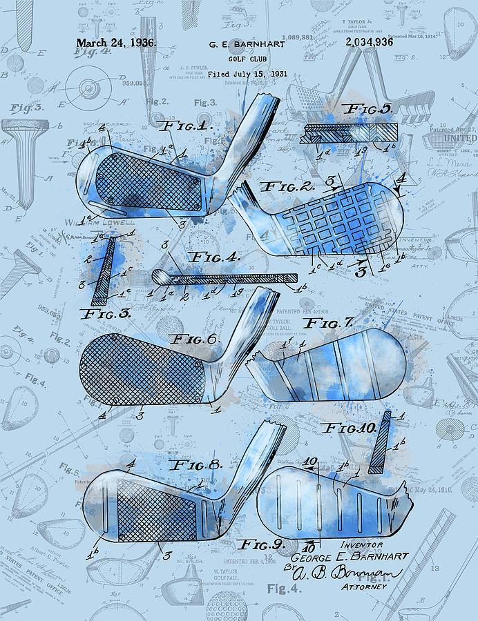 Golf Club Patent Drawing Watercolor Blue 3 Digital Art