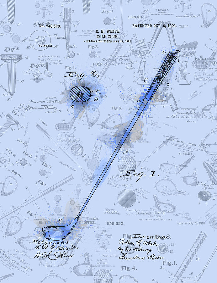Golf Club Patent Drawing Watercolor Blue Digital Art by Bekim M