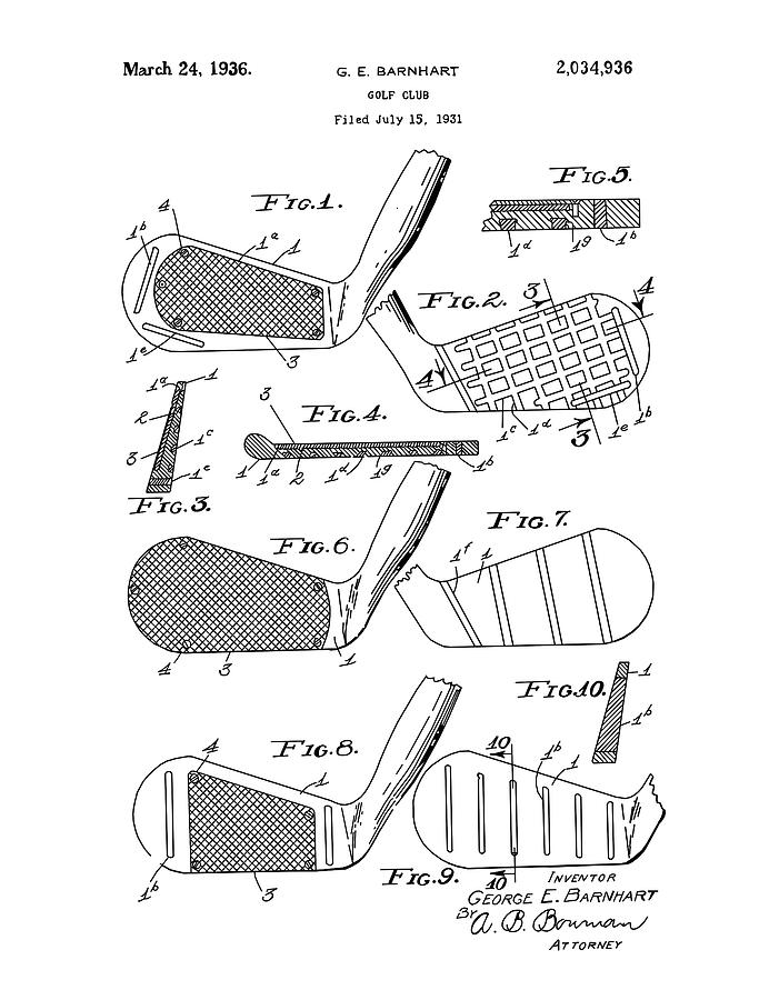 Golf Club Patent Drawing White 3 Digital Art by Bekim M