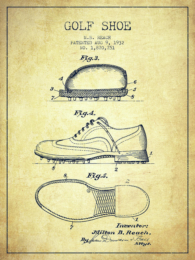 Golf Shoe Patent Drawing From 1931 - Vintage Digital Art