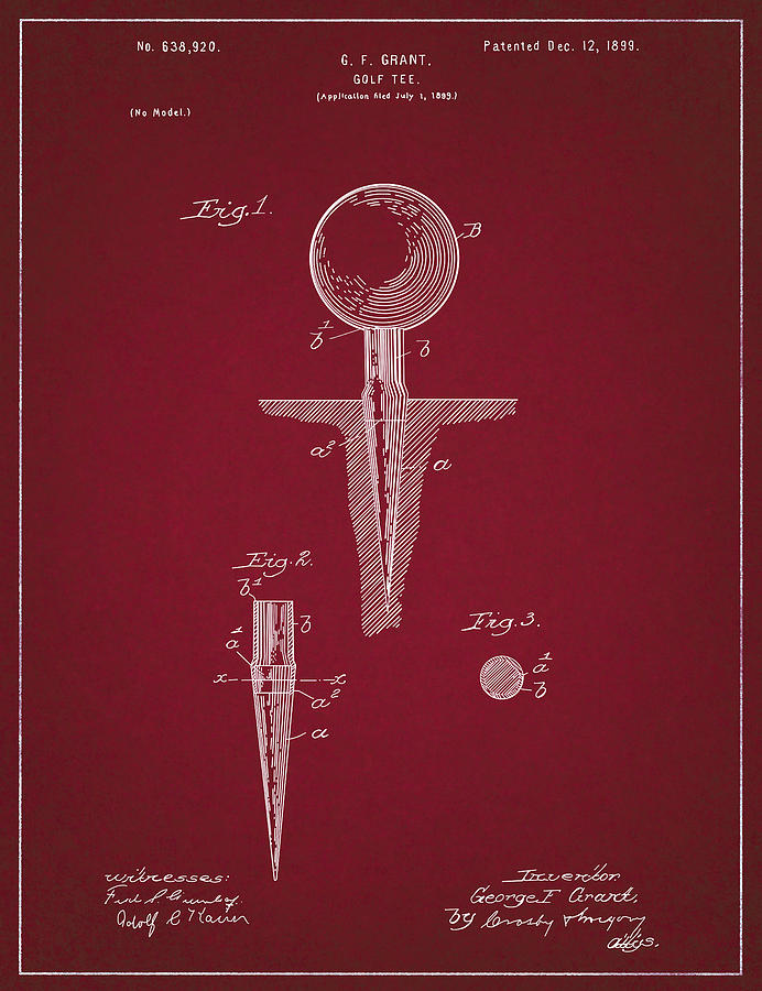 Golf Tee Patent Drawing Dark Red Digital Art by Bekim M