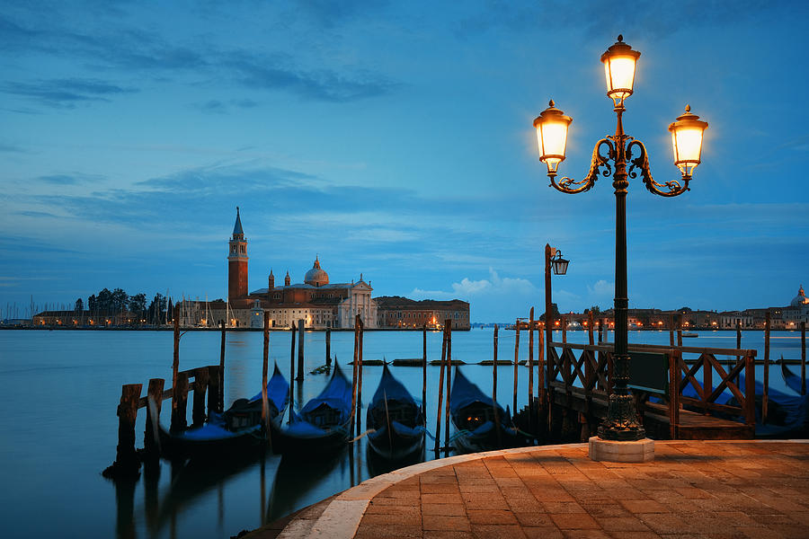 Gondola and San Giorgio Maggiore island early morning Photograph by Songquan Deng