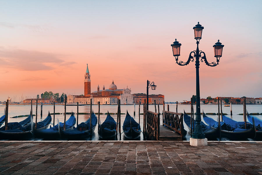 Gondola and San Giorgio Maggiore island sunrise Photograph by Songquan Deng