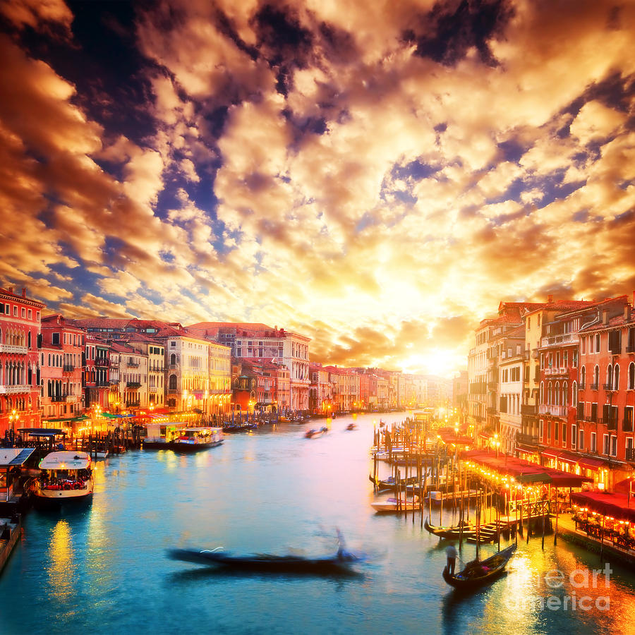Gondola floats on Grand Canal at romantic sunset Photograph by Michal Bednarek