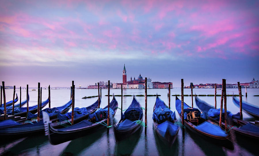 Architecture Photograph - Gondolas at Dawn - Venice by Barry O Carroll