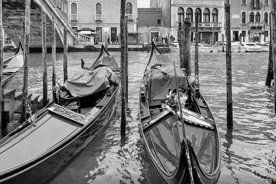 Gondolas by the Rialto in Mono Photograph by Georgia Clare