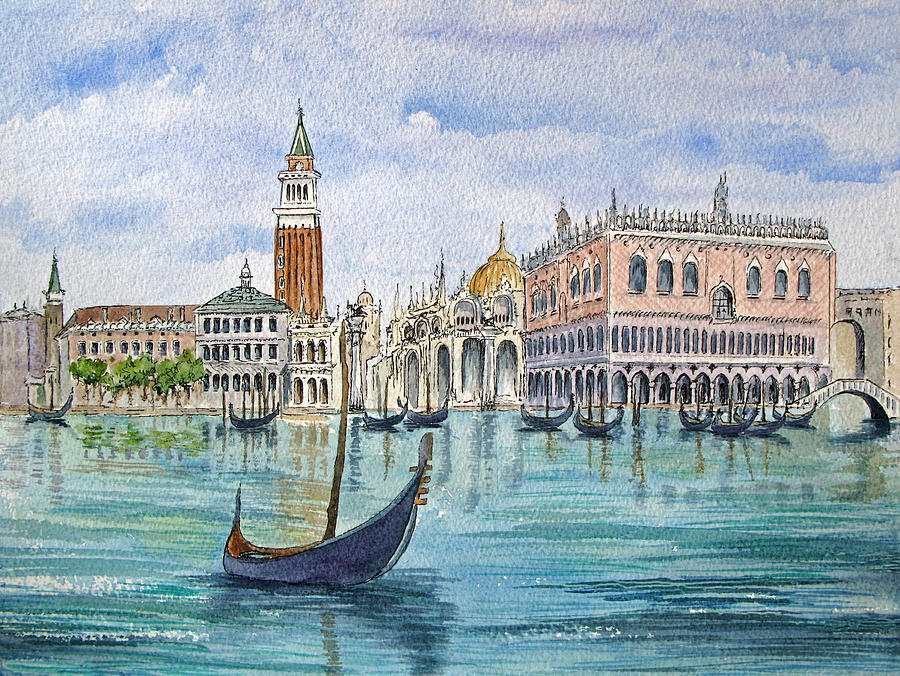 Gondolas Painting - Gondolas near Piazza San Marco in Venice Italy by Bonnie Sue Schwartz