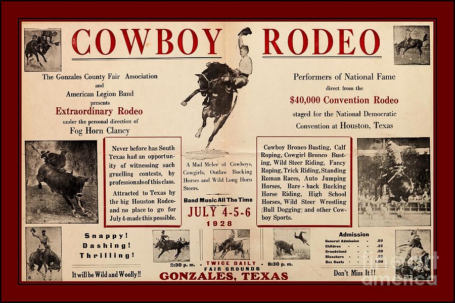 Gonzales Texas County Fair Cowboy Rodeo Bronco Busting 1928 Texas Cowboy Culture Drawing by Peter Ogden