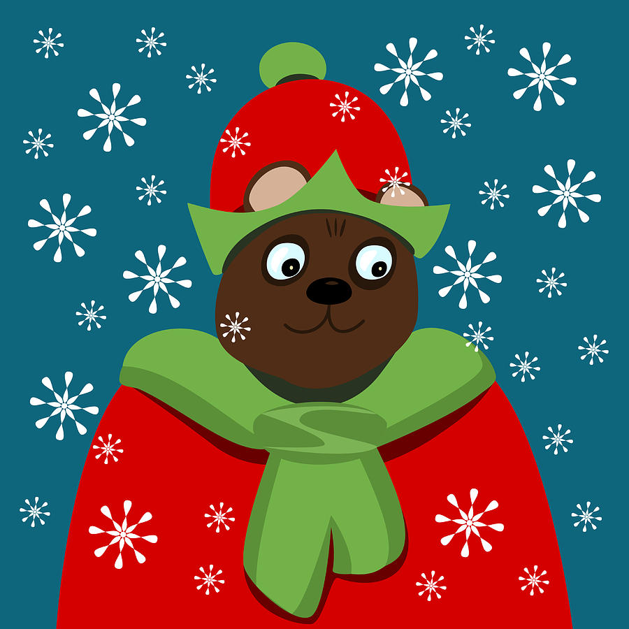 Elf Digital Art - Good bear in Christmas elf clothing in blizzard by Lenka Rottova