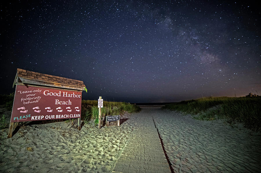 Good Harbor Beach Sign Under the Stars and Milky Way Photograph by Toby McGuire