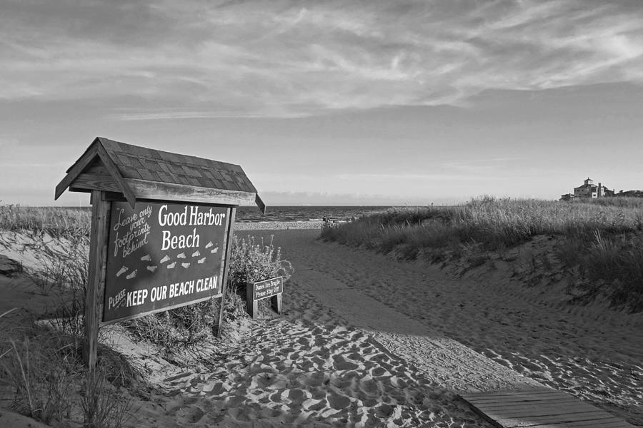 Sunset Photograph - Good Harbor Sign at Sunset Black and White by Toby McGuire