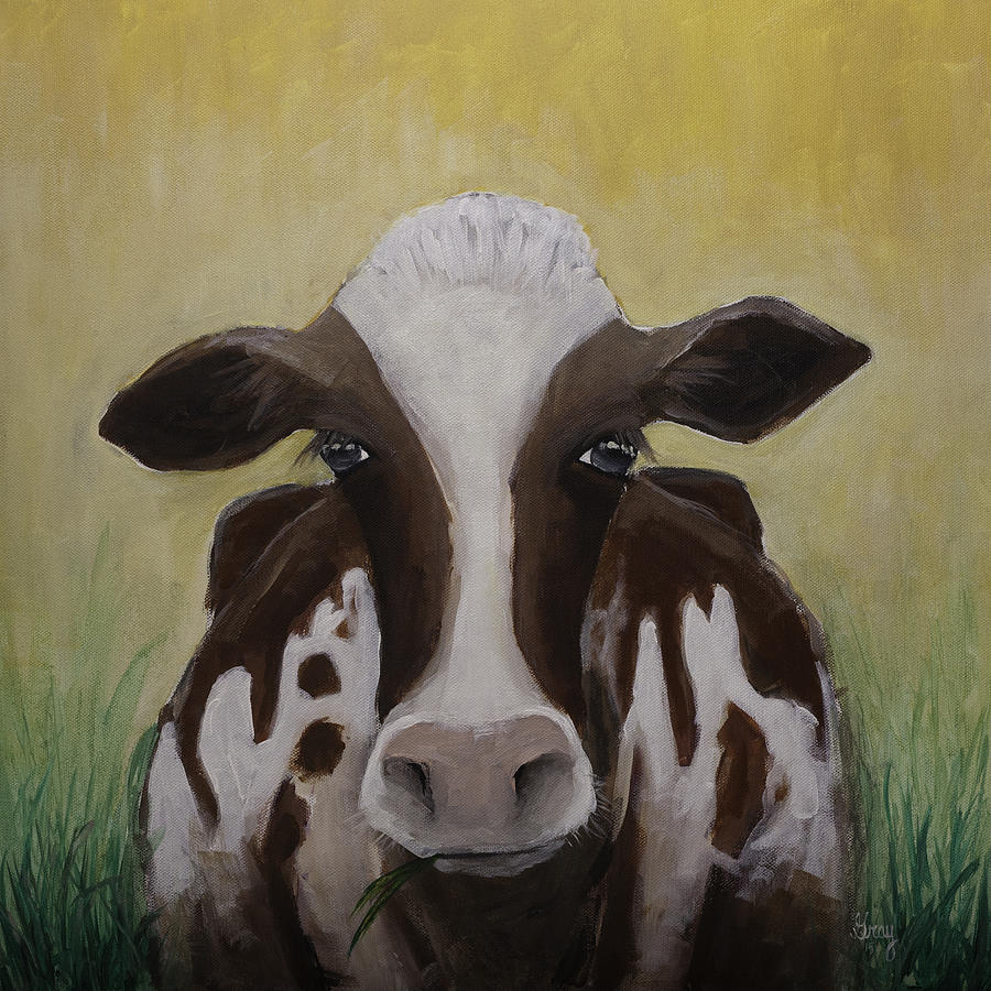 Good Morning Original Cow Portriat  Painting by Gray  Artus