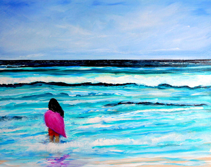 Goodbye Ocean Girl on Beach Painting by Katy Hawk