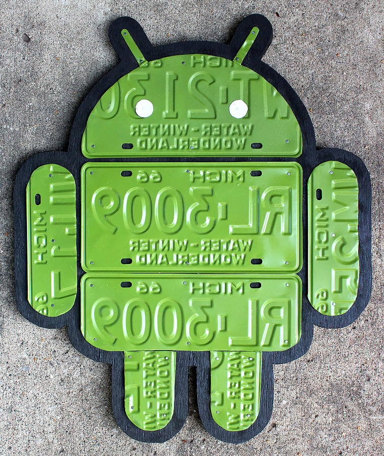 Vintage Mixed Media - Google Android Logo Recycled License Plate Art on Cement Wall by Design Turnpike