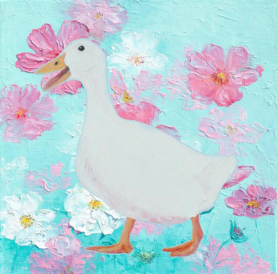 Goose on floral background Painting by Jan Matson