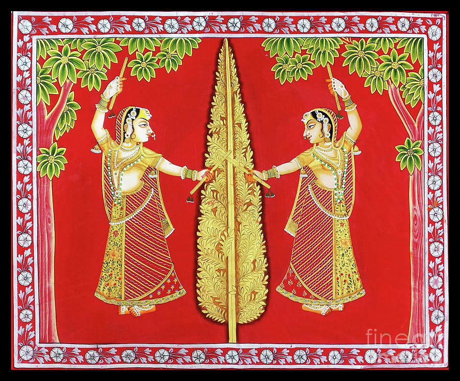 Flower Painting - Gopis dancing around tree of life by The Kaarigars