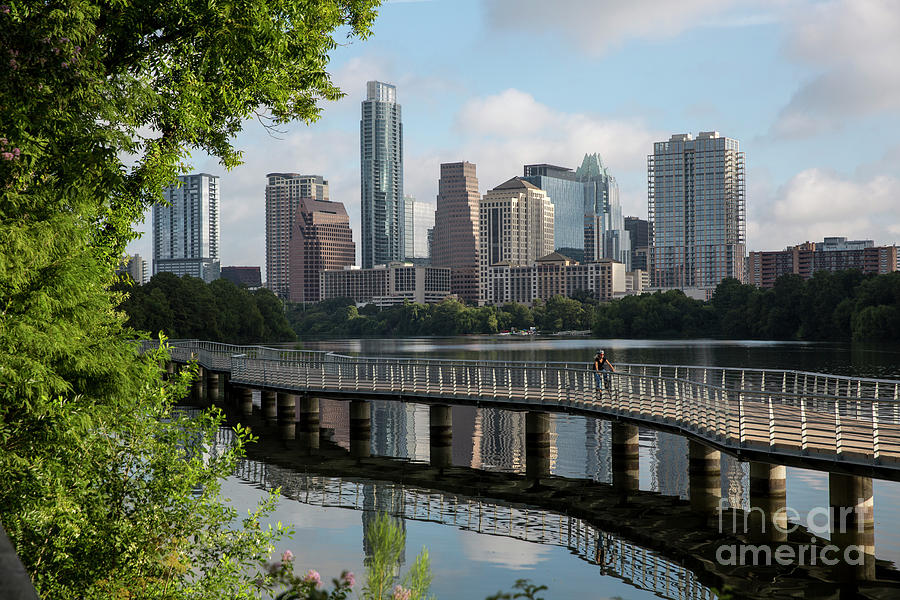Bicycle Photograph - Gorgeous view of early morning sunrise on the Boardwalk Trail overlooking the downtown Austin Skyline by Dan Herron