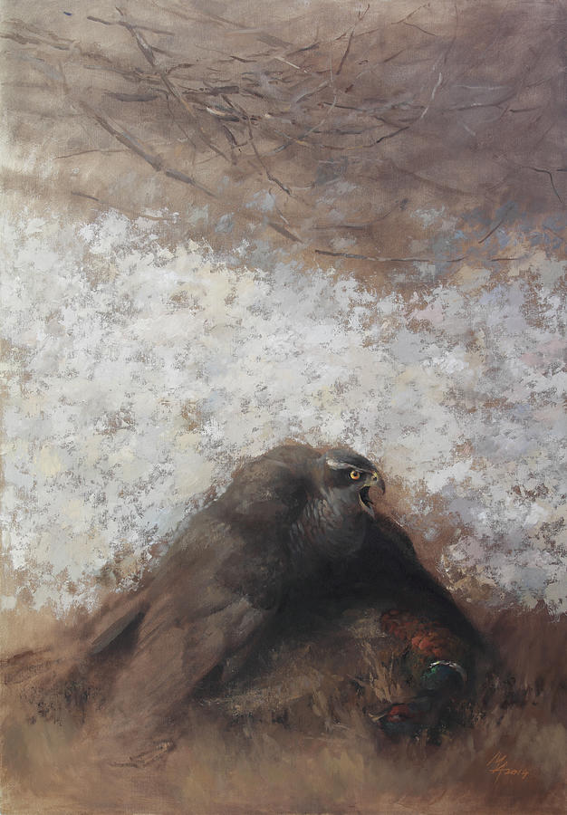 Goshawk and pheasant Painting by Attila Meszlenyi