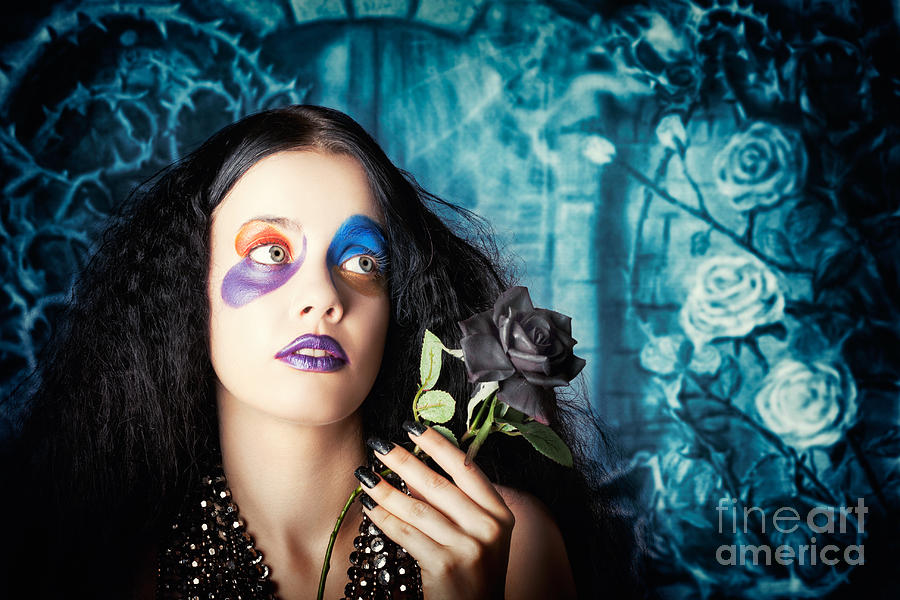 Gothic girl holding black rose. Death and mourning Photograph by Jorgo Photography