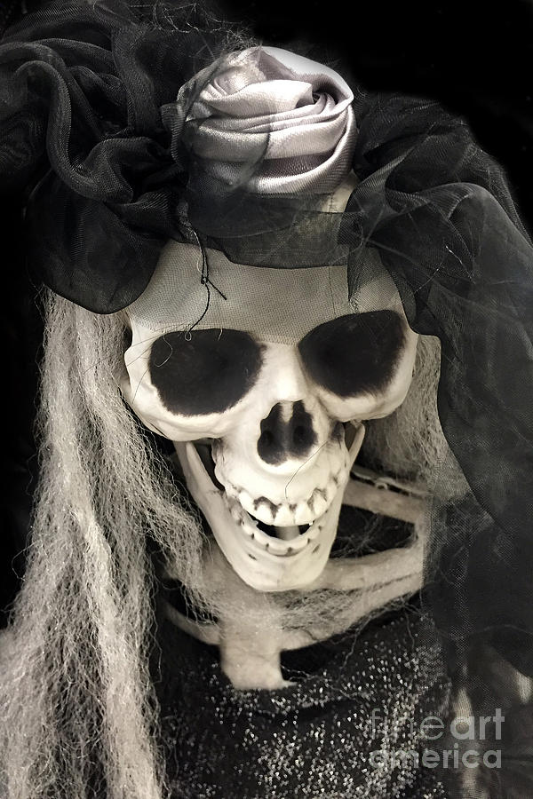 Gothic Spooky Halloween Skeleton Art - Surreal Dark Spooky Skeleton Halloween Art Photograph by Kathy Fornal
