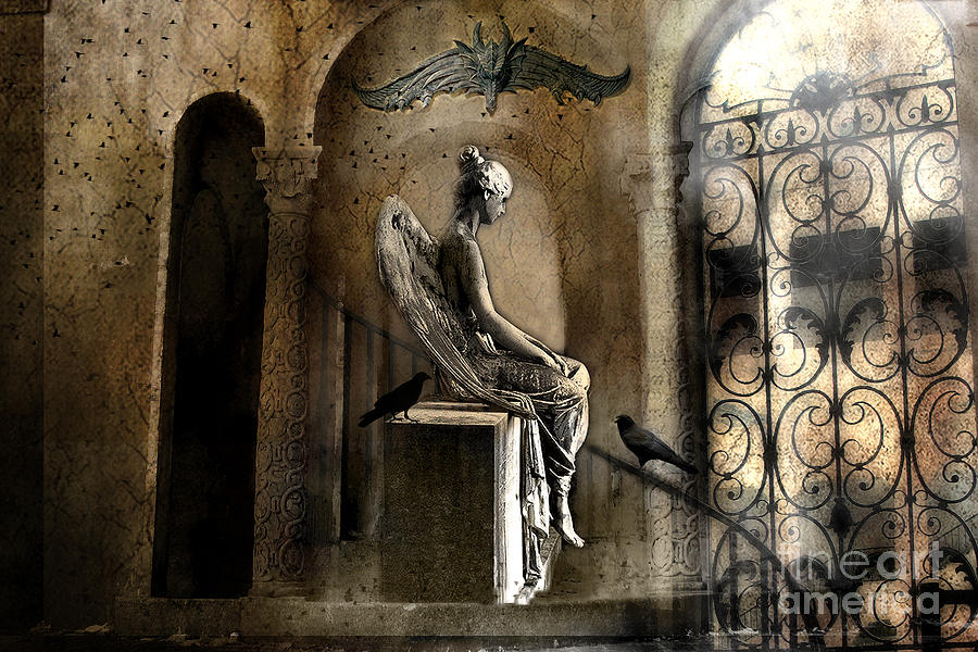 Gothic Surreal Angel With Gargoyles and Ravens  Photograph by Kathy Fornal