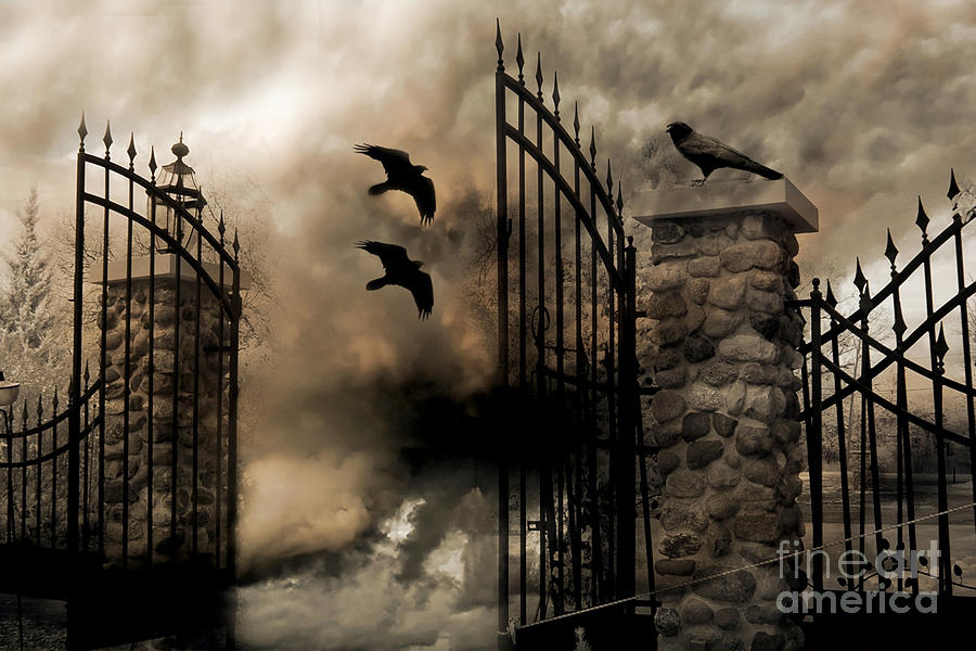 Gothic Surreal Fantasy Ravens Gated Fence  Photograph by Kathy Fornal