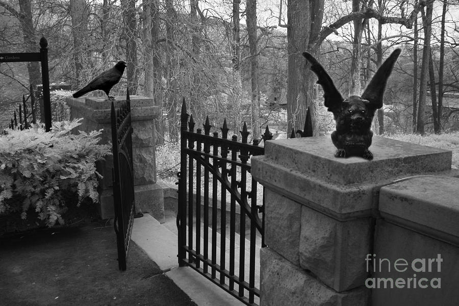 Surreal Gothic Gargoyle With Raven Black and White Gothic Gargoyles Gate Scene Photograph by Kathy Fornal