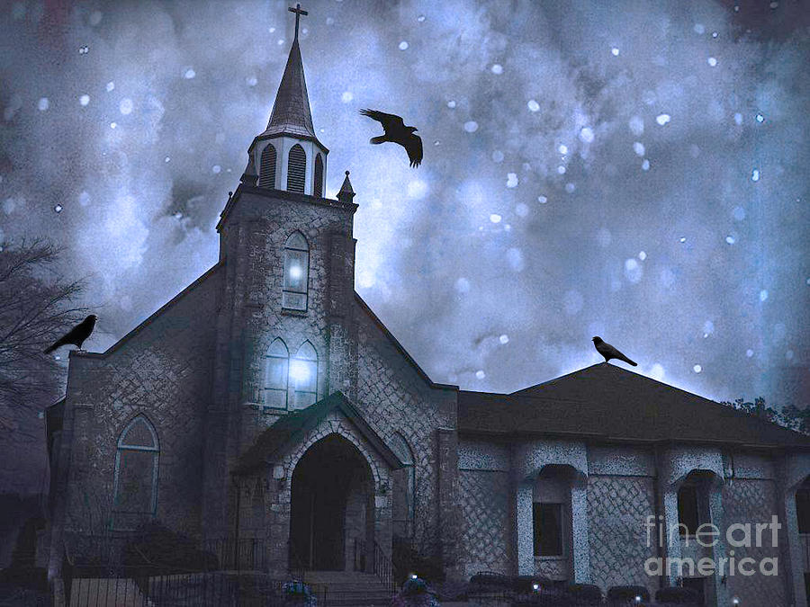 Old Church Photograph - Gothic Surreal Old Church With Ravens and Stars - Winter Night by Kathy Fornal
