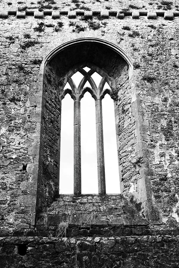 Gothic Window Athassel Priory Ireland County Tipperary Medieval Ruins Black and White Photograph by Shawn OBrien