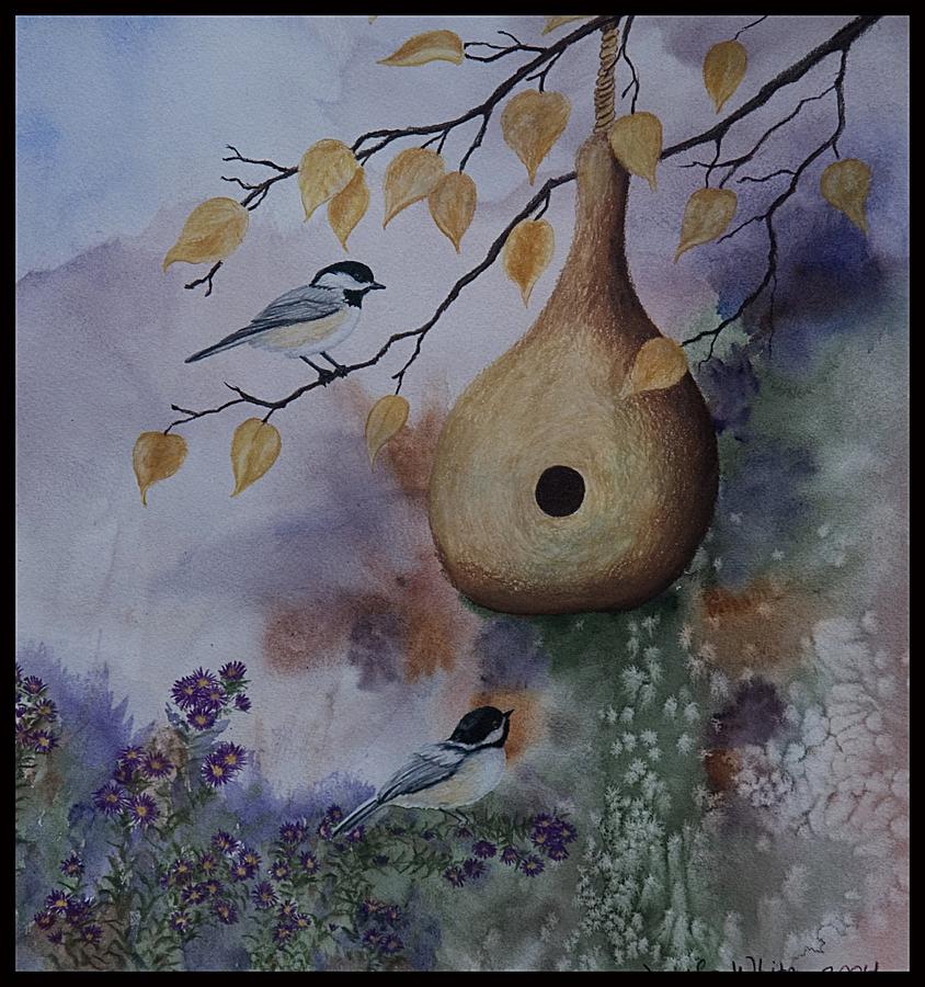 Bird Painting - Gourd And Chickadees by Jennifer White