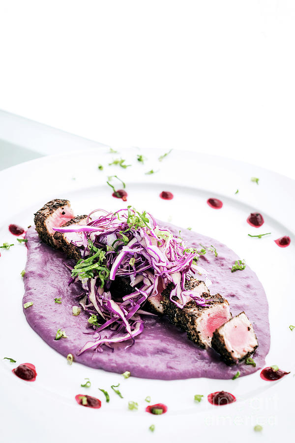 Gourmet Asian Fusion Seared Tuna And Sesame In Beetroot Sauce Photograph by JM Travel Photography
