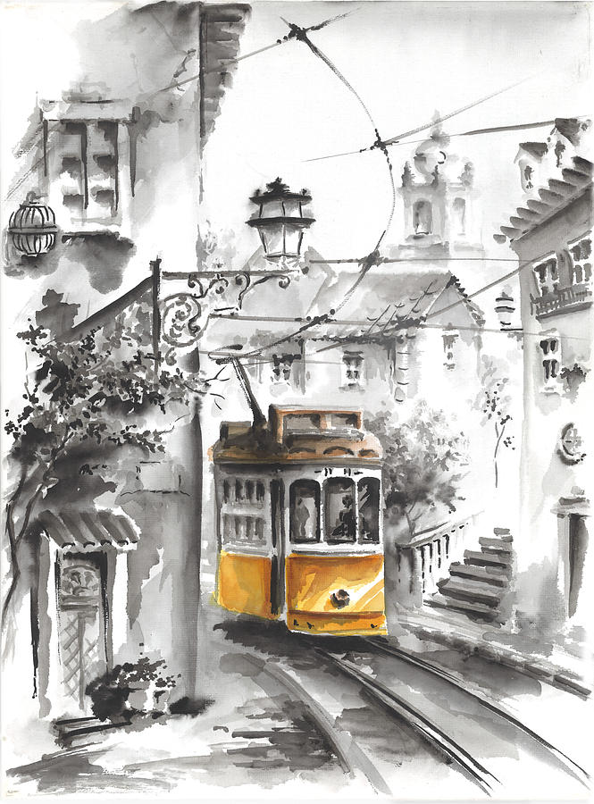San Francisco Painting - Graca Lisbon Tram Black and White Background by Elena Petrova Gancheva