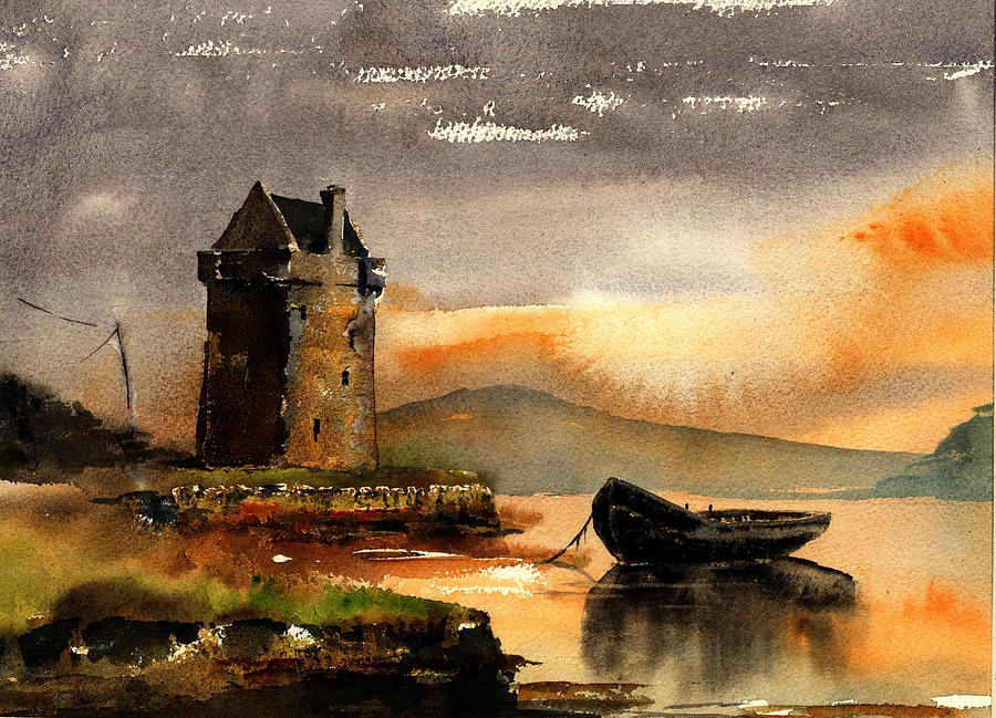 MAYO.   Grace O Malleys Castle, Rockfleet. Painting by Val Byrne