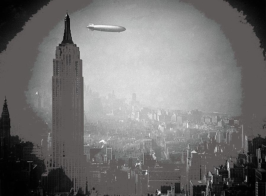 Graf Zeppelin flying by the Empire State Building circa 1933 color and vignette added 2015 Photograph by David Lee Guss