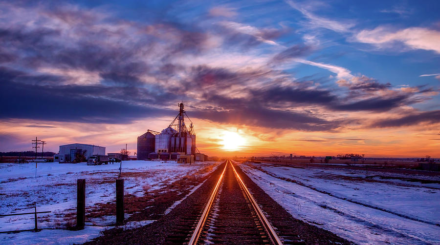Grain Elevator And Rail Line At Sunset Photograph by Mountain Dreams
