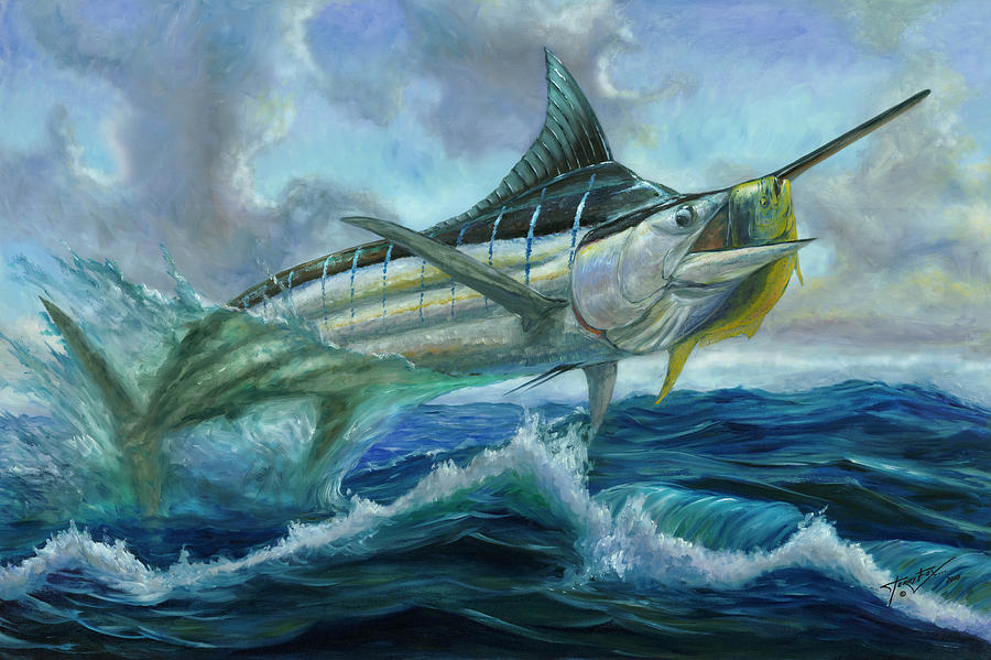 Dolphin Painting - Grand Blue Marlin Jumping eating Mahi Mahi by Terry  Fox