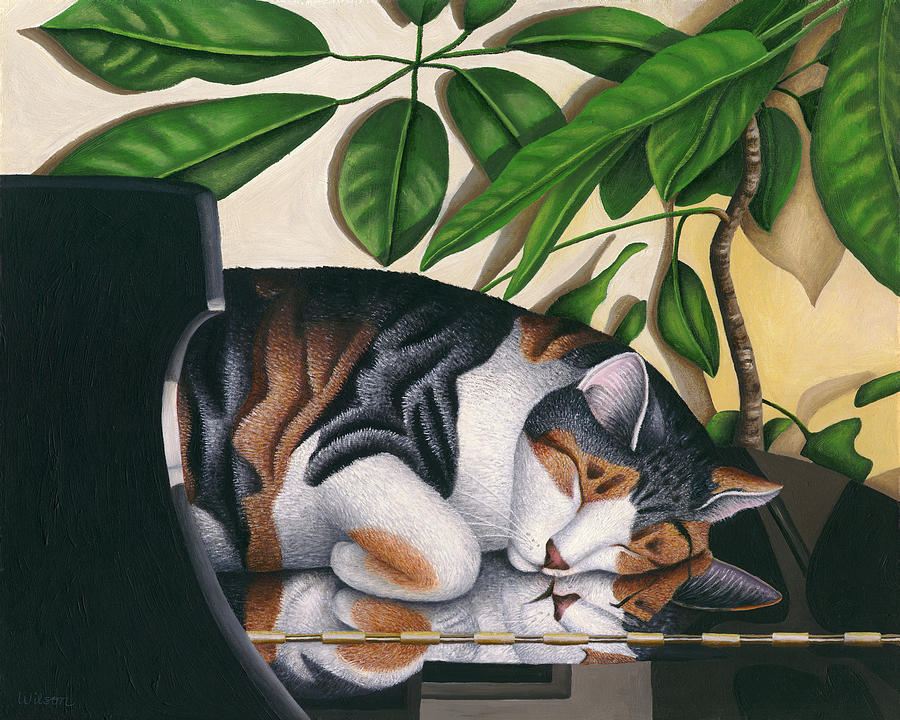 Calico Tabby Cat Painting - Grand Dreams - Cat on Piano by Carol Wilson