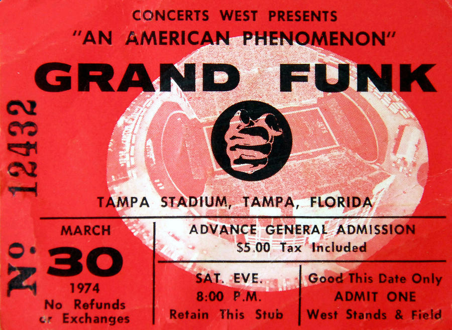 Grand Funk Railroad Photograph - Grand Funk 1974 concert ticket by David Lee Thompson