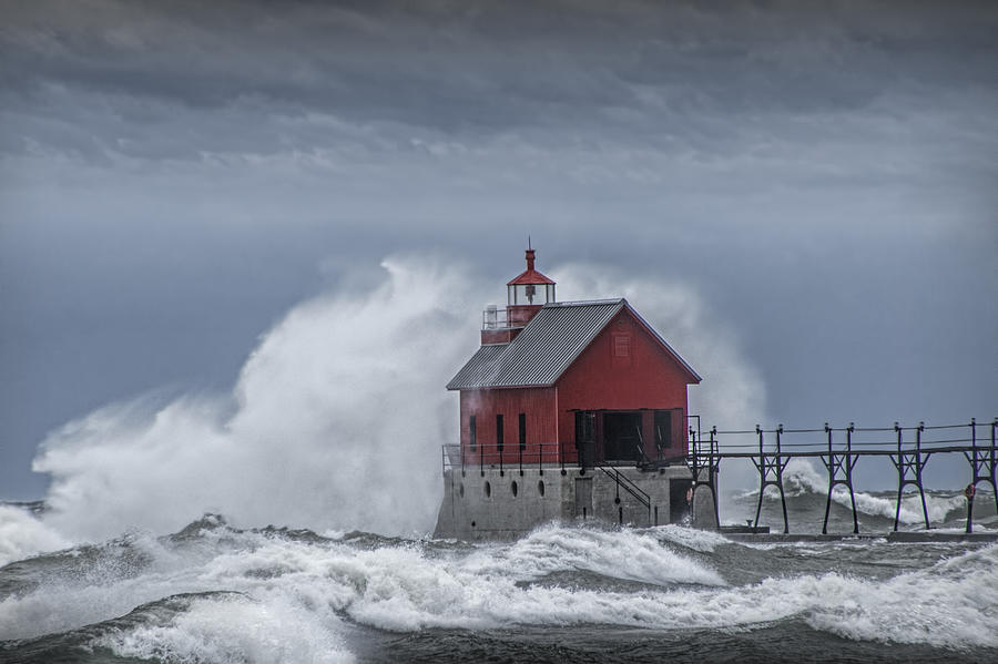 Grand Haven Lighthouse in a November Storm Photograph by Randall Nyhof