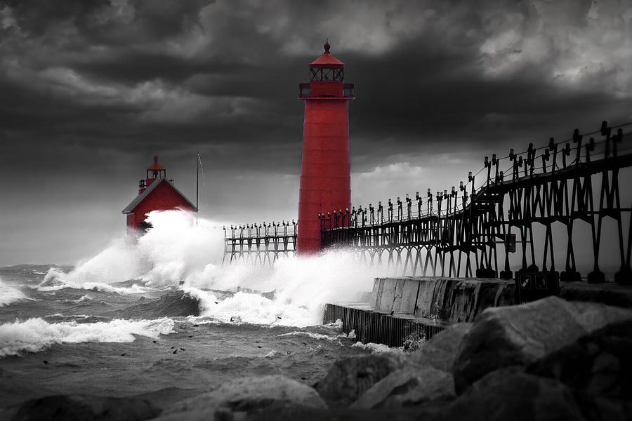 Nature Photograph - Grand Haven Lighthouse in a Rain Storm by Randall Nyhof