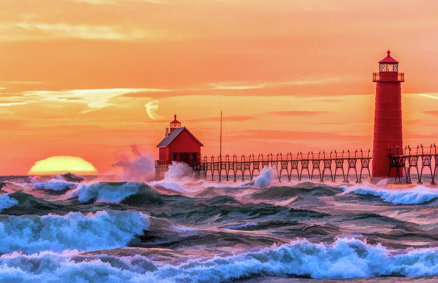 Grand Haven Lighthouses Painting by Christopher Arndt