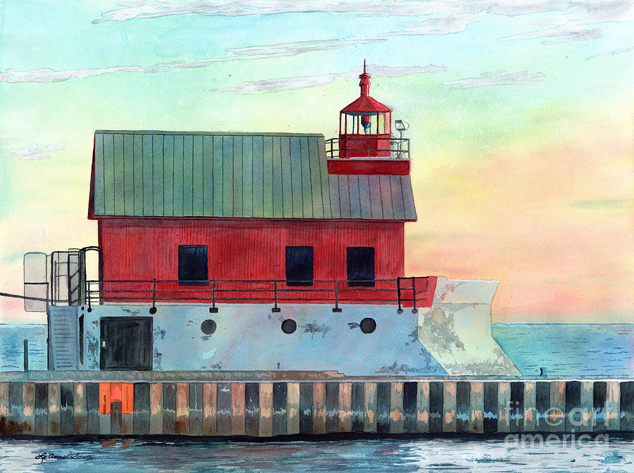 Grand Haven Outer Light, Lighthouse Paintings, Lighthouse Prints, Lake Michigan Painting by LeAnne Sowa