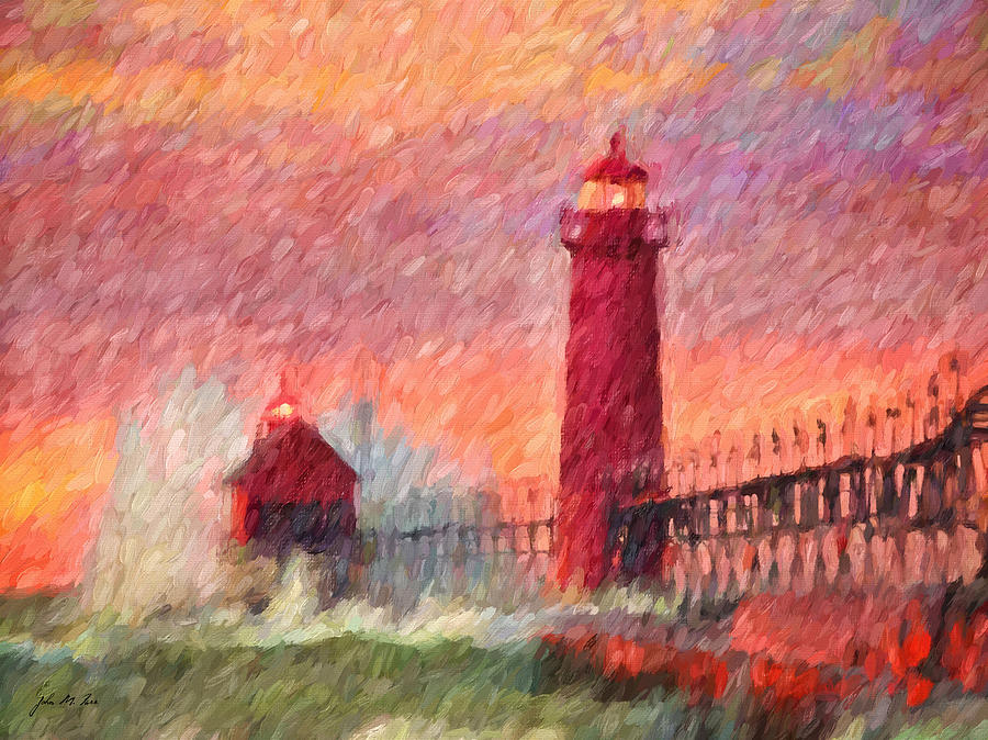 Lake Michigan Painting - Grand Haven Stormy Lighthouse by John Farr