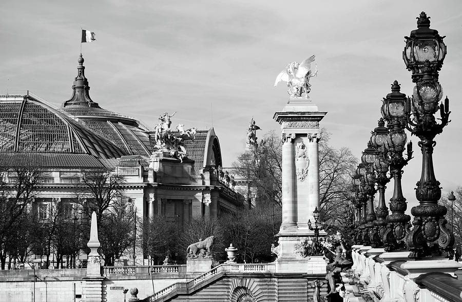 Grand Palais Flag and Entrance from Pont Alexandre III Bridge Paris France Black and White Photograph by Shawn OBrien