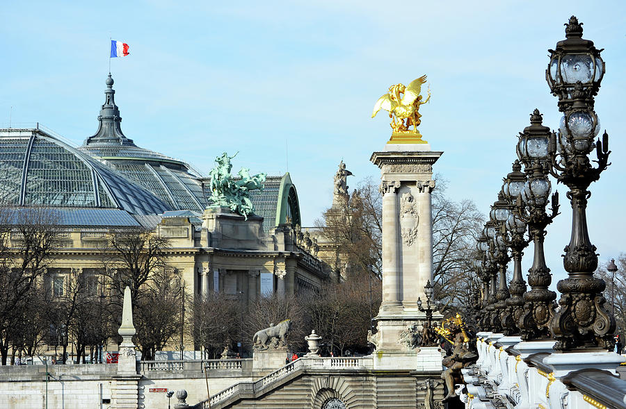 Grand Palais Flag and Entrance from Pont Alexandre III Bridge Paris France Photograph by Shawn OBrien
