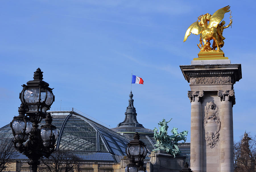 Grand Palais Flag and Statues from Pont Alexandre III Bridge Paris France Photograph by Shawn OBrien