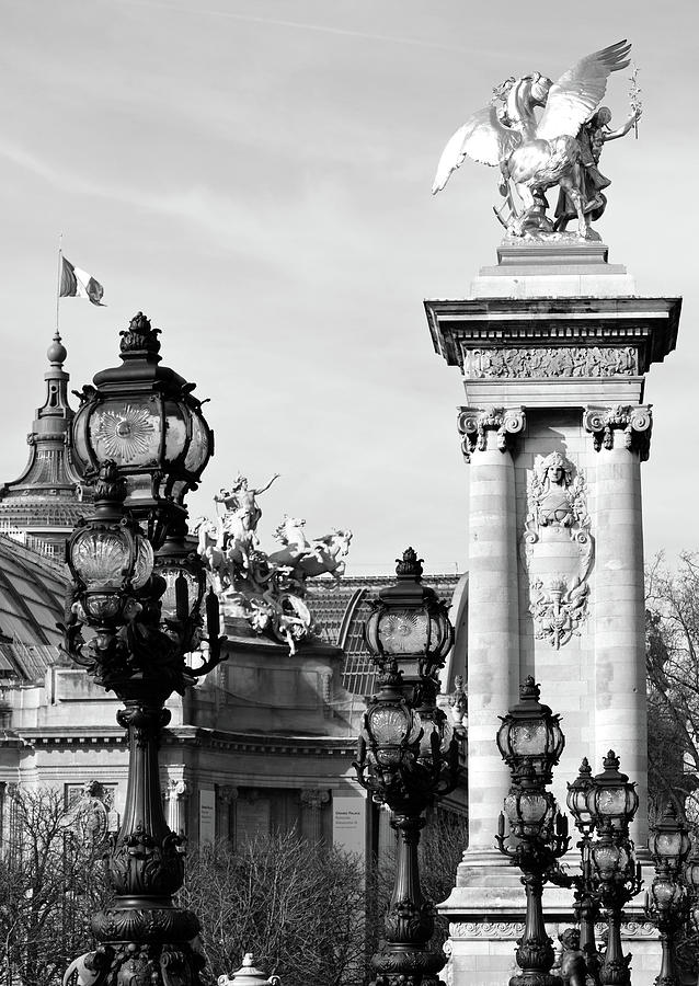 Grand Palais Flag Pont Alexandre III Vintage Light Posts and Column Paris France Black and White Photograph by Shawn OBrien