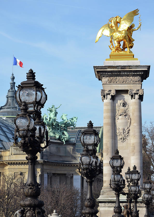 Grand Palais Flag Pont Alexandre III Vintage Light Posts and Column Paris France Photograph by Shawn OBrien