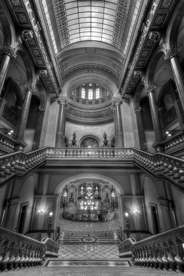 Illinois Photograph - Grand Staircase Illinois State Capitol B W by Steve Gadomski